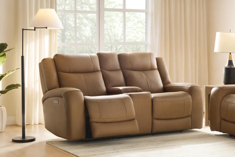Tucker Leather Antelope Dual Power Reclining Console Loveseat 2