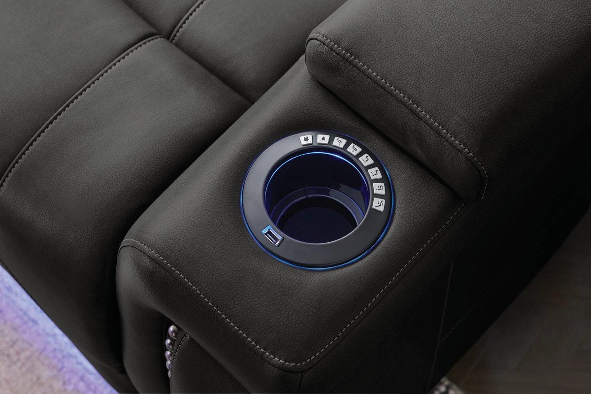 Theory Black Triple Power Reclining Sofa with Drop Down Table 15