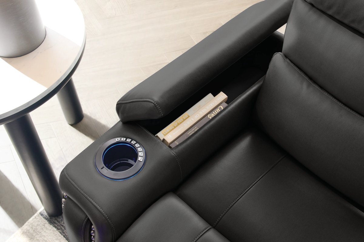 Theory Black Triple Power Reclining Sofa with Drop Down Table 13