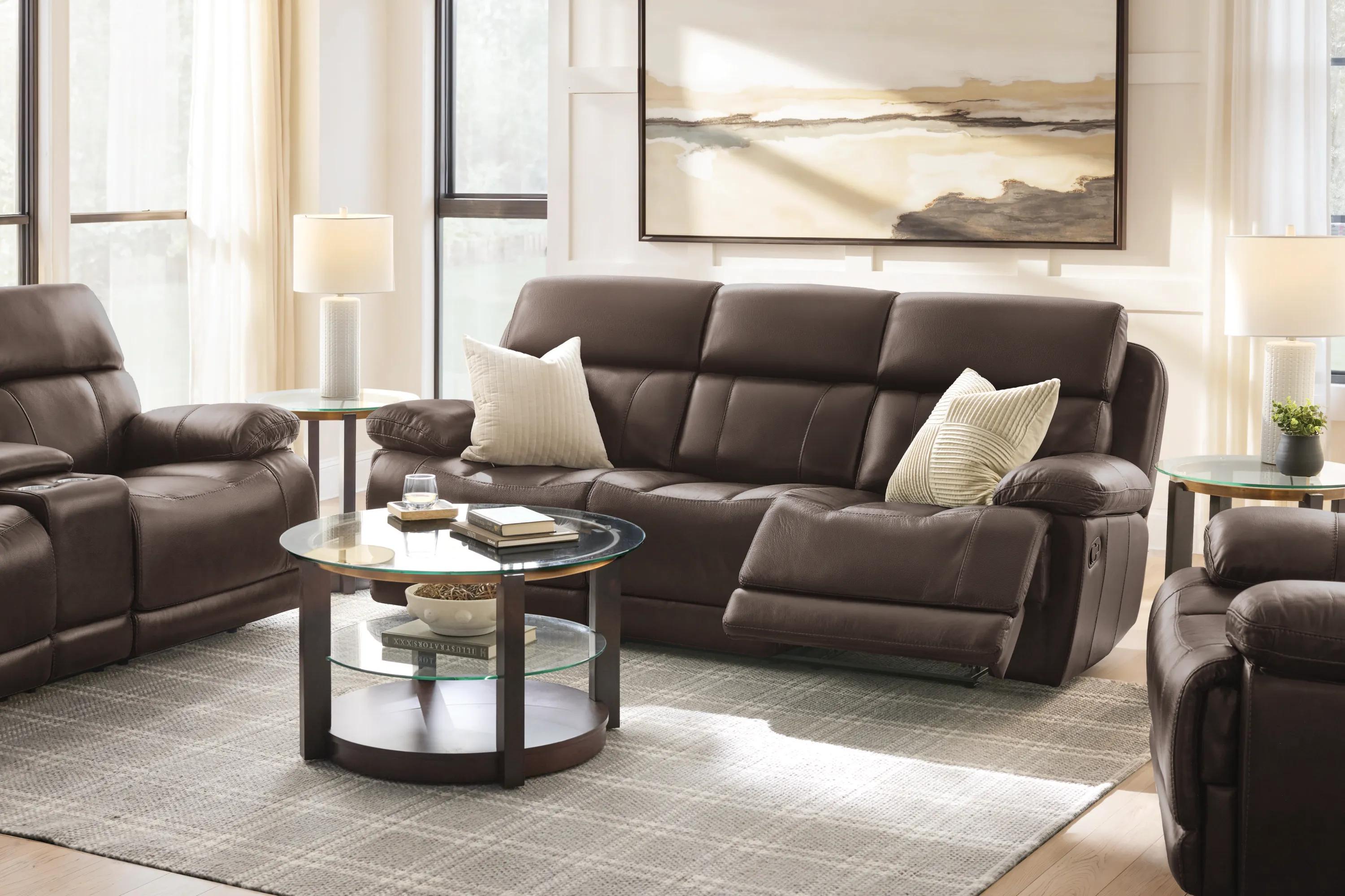 Callan Chocolate Leather Reclining Sofa at Gardner White