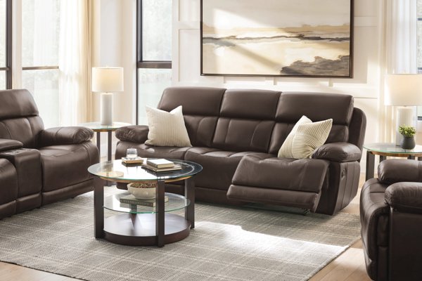 Callan Chocolate Leather Dual Power Reclining Sofa